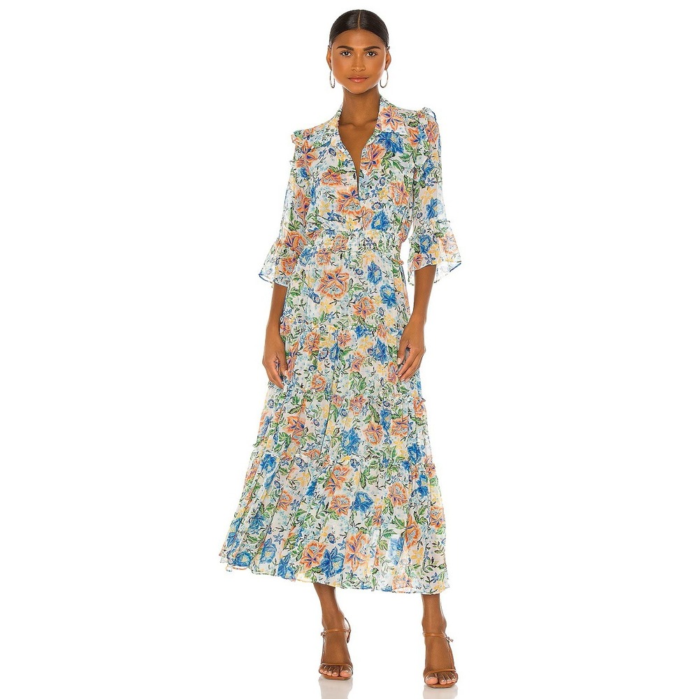 MISA Los Angeles M Pamelina Maxi Dress Blue Oasis Floral Print Ruffled Tiered